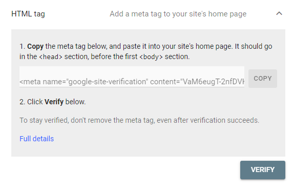 HTML tag option to verify site ownership