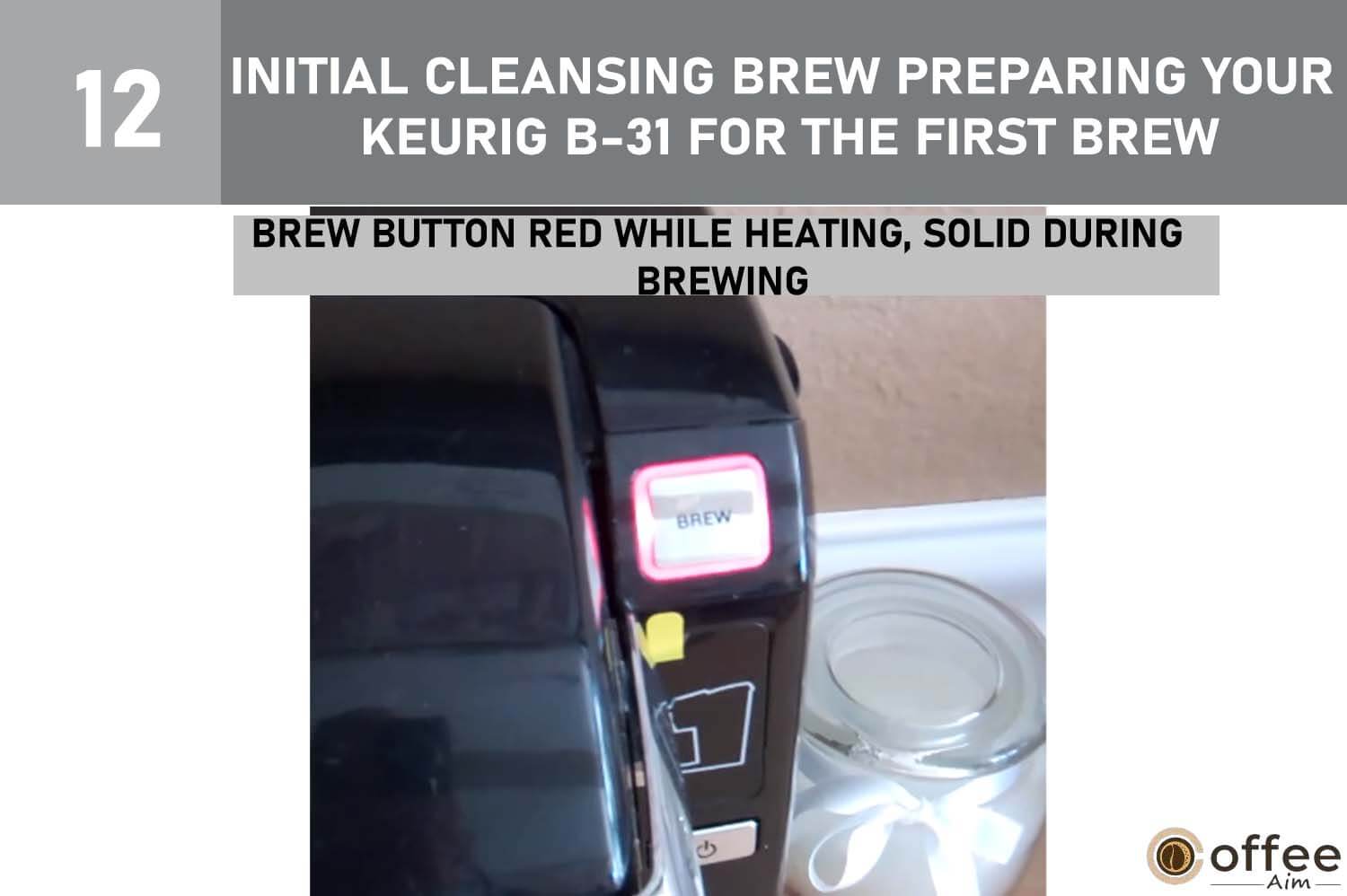 This image illustrates the process: "Press the BREW Button. It transitions from red during water heating to solid red while brewing." for the section "Initial Cleansing Brew: Preparing Your Keurig B-31 for the First Brew" in the article "How To Use Keurig B-31.