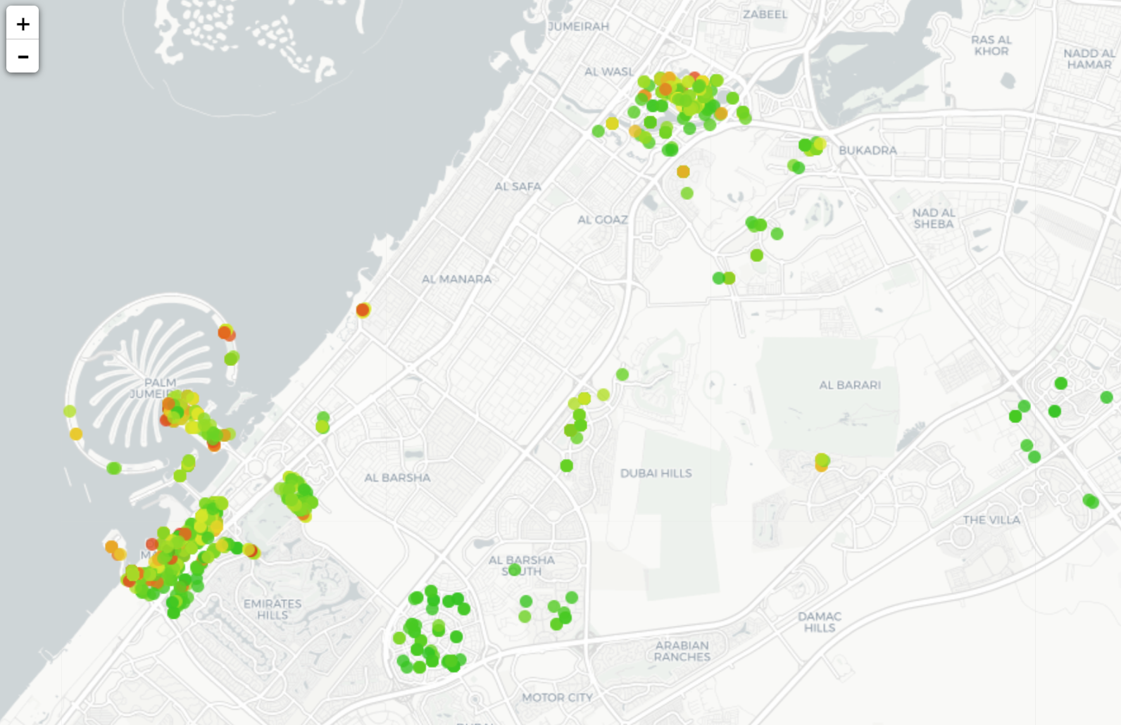 Geomap showing properties and their prices (green to red for low to high)