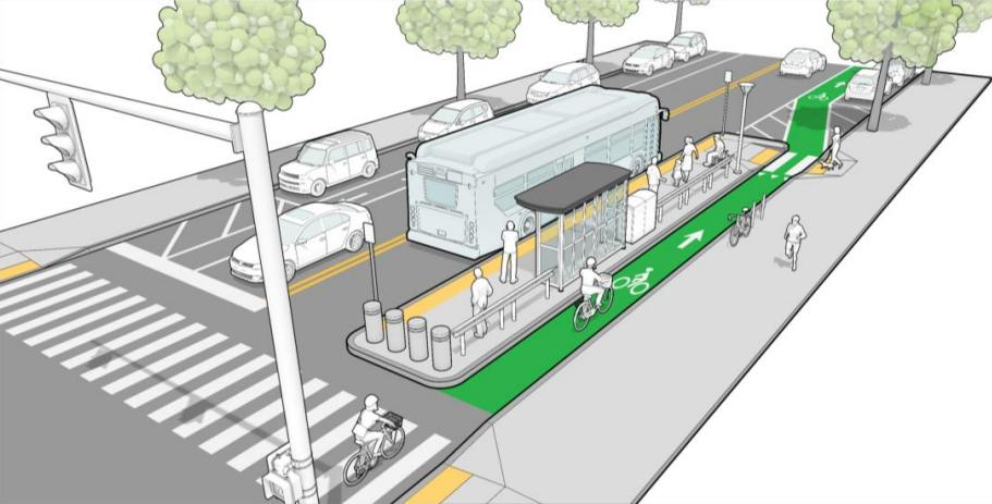 Illustration of a sheltered bus stop at an in-lane bus stop (bus bulb).