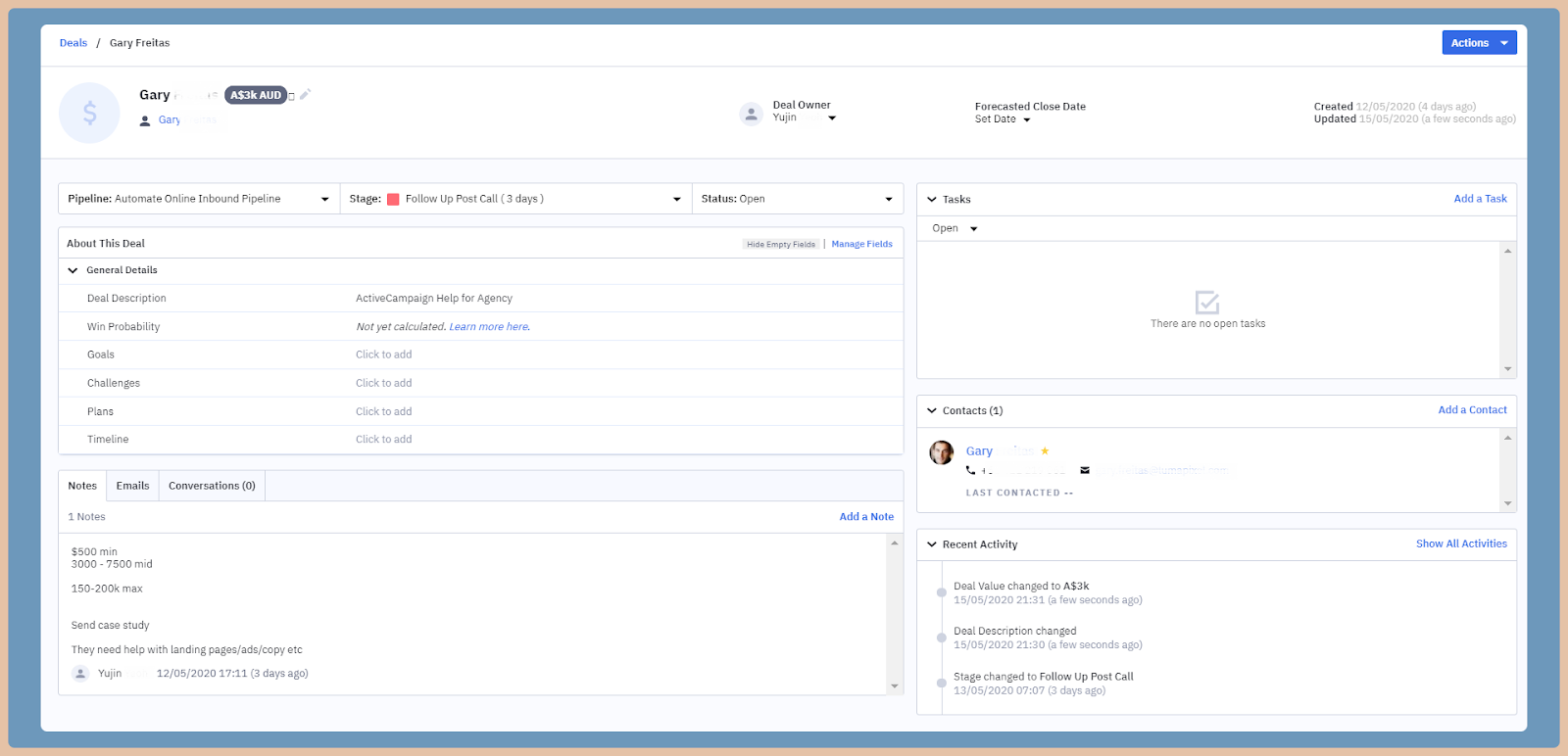 a screenshot of the dashboard overview on ActiveCampaign CRM