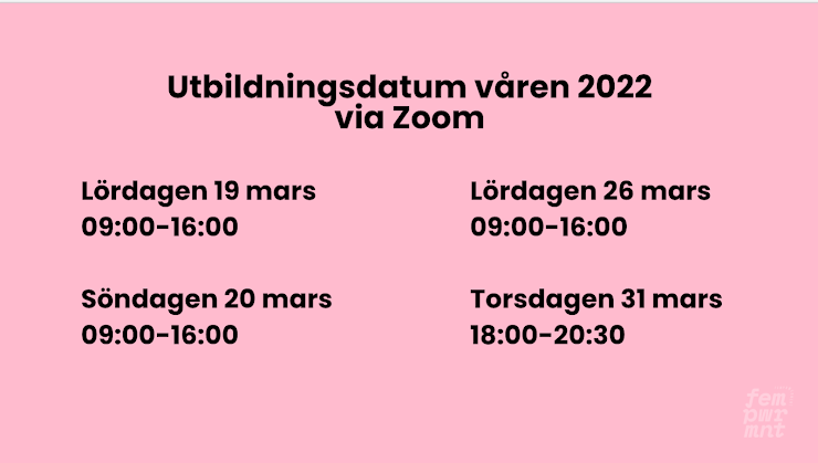 OBS! Endast sista utbildningstillfället (31 mars) sker digitalt via Zoom, resten äger rum fysiskt i våra lokaler på Kungsholmen!