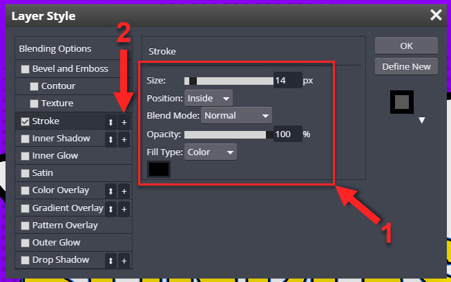 Enter Size 14, Position Inside, Color selection black, and click plus button to right of Stroke