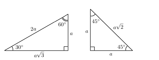 Прямоугольные треугольники с углами 30, 60, 90 и 45, 45, 90 градусов