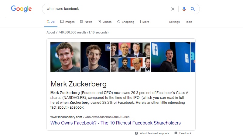 Pesquisa por voz do Google para quem é o dono do Facebook