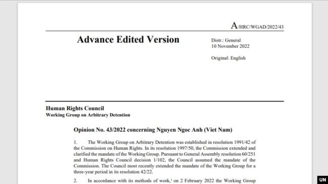 Nhóm Công tác LHQ ra Bản Ý kiến về trường hợp ông Nguyễn Ngọc Ánh bị chính quyền Việt Nam giam cầm 6 năm tù, 5 năm quản chế.