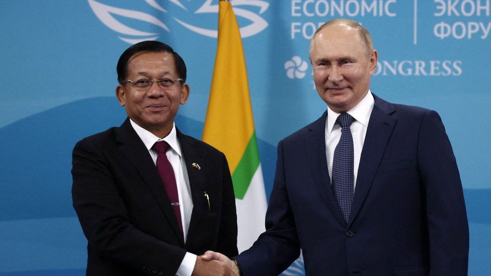 Russian President Vladimir Putin met Myanmar junta leader Min Aung Hlaing on the side lines of the 2022 Eastern Economic Forum in Vladivostok in 2022