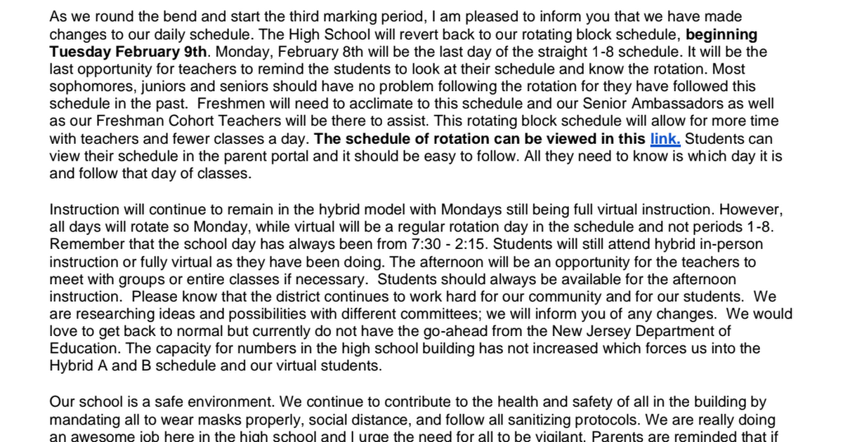 Principal Connor's Parent Letter 2/2/2021 for Information and Schedule Change Effective 2/9/2021.pdf
