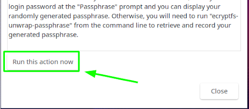 Now that you have confirmed read/write capabilities, you should print out or record the passphrase; to do this, head back to the pop-up window and press the “Run this action now” button; or, if you are running this tutorial remotely via a terminal, you will need to run the ecryptfs-unwrap-passphrase command instead (see below).