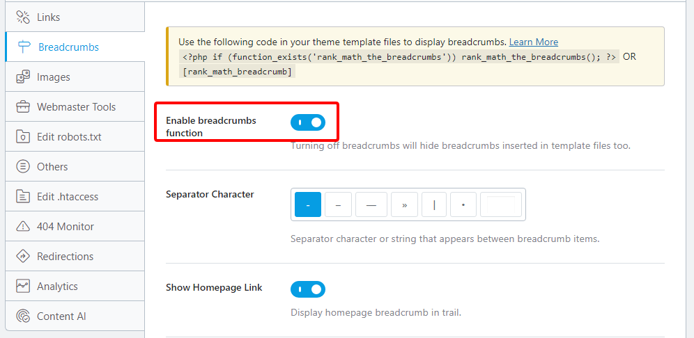 enabling breadcrumbs function in rank math wordpress plugin