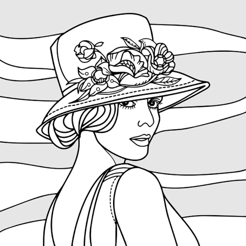A coloring page of a lady in a hat with flowers