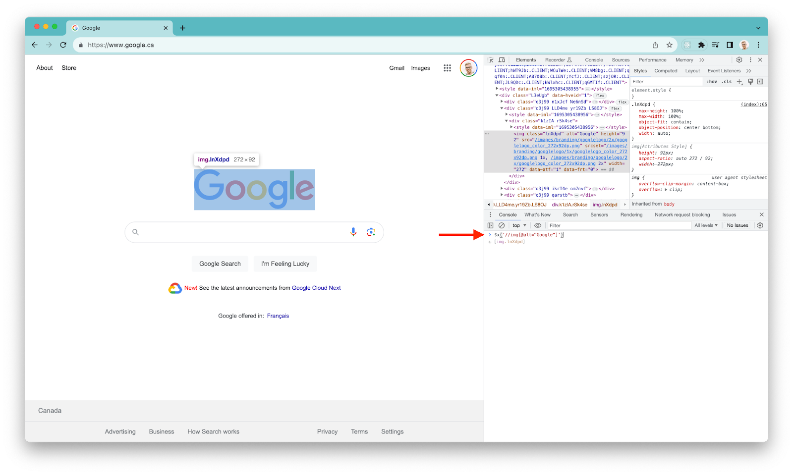Locating the Google Logo using XPath and Chrome Dev Tools