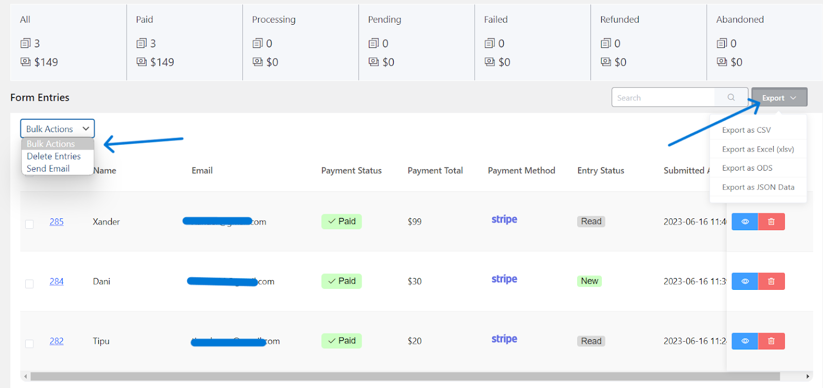 Export form entries in WordPress