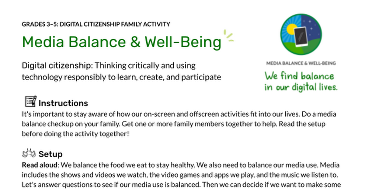 Family Activity - Media Balance & Well-Being - Grades 3-5