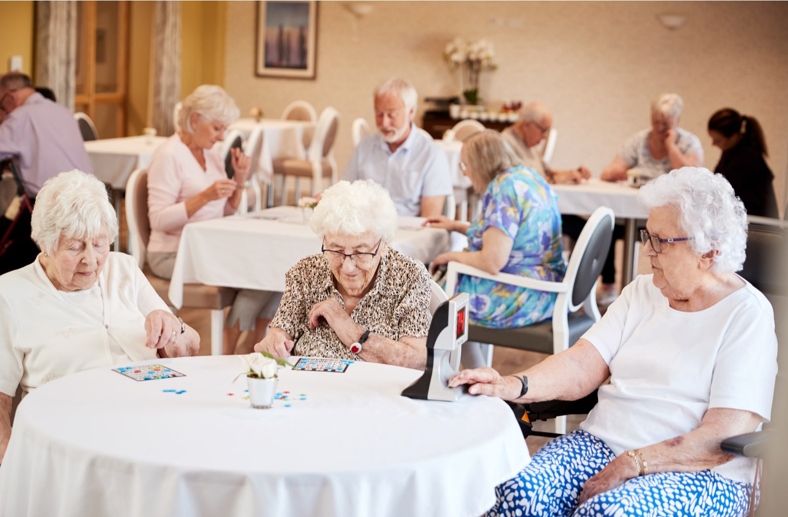 A group of senior citizen women playing bingo in a senior living community