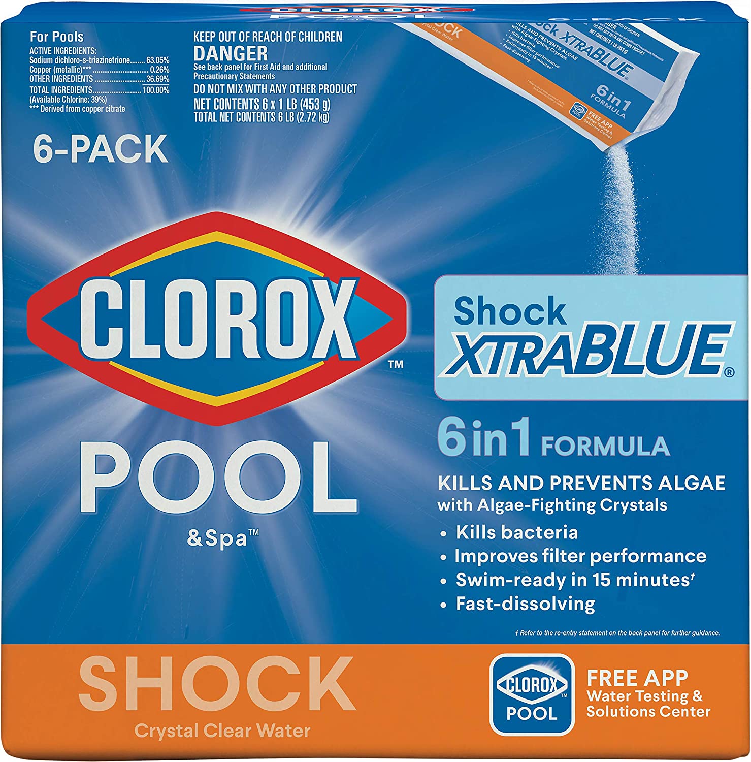 a blue and orange box with a 6 pack of Clorox Pool and Spa shock treatment