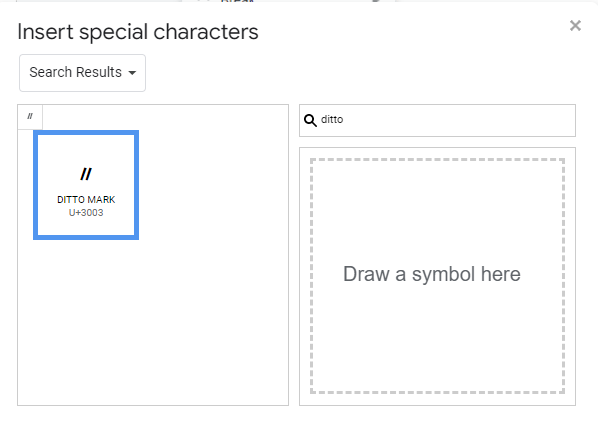 searching for ditto symbol in special characters panel