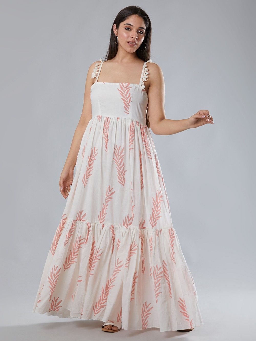 the loom - Peach White Printed Cotton Maxi Dress