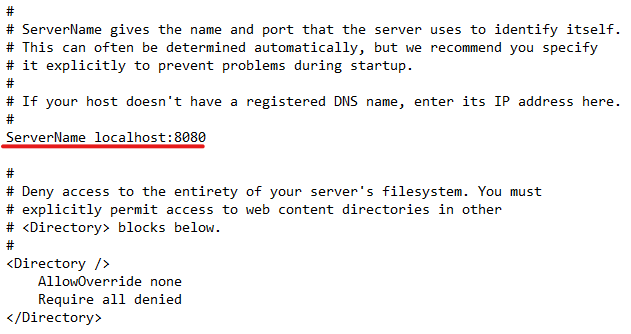 Local onde aparece o "ServerName" no arquivo httpd.conf