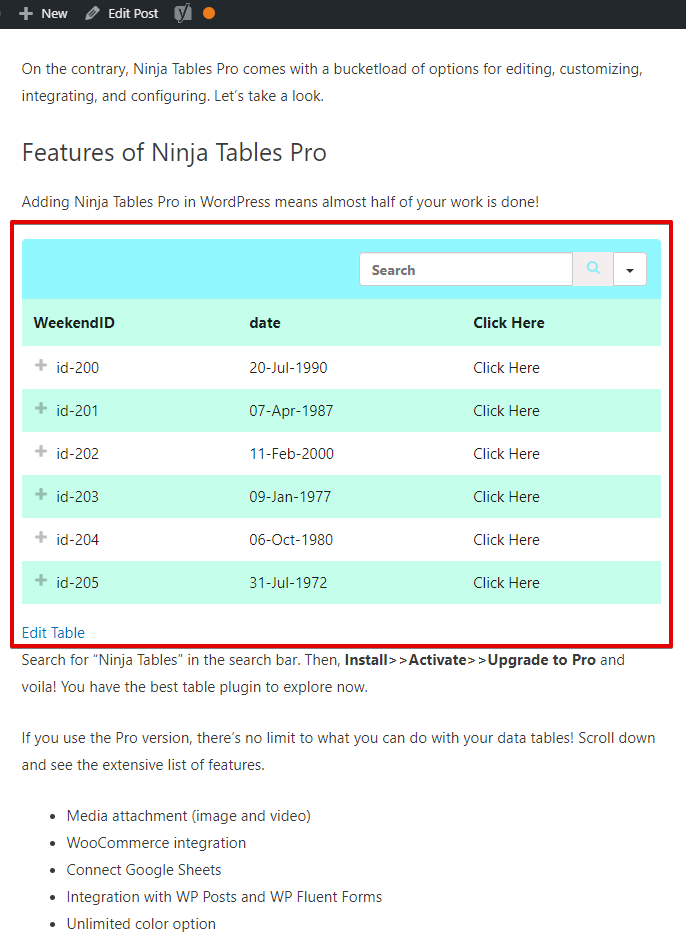 Ninja Tables Online data tables