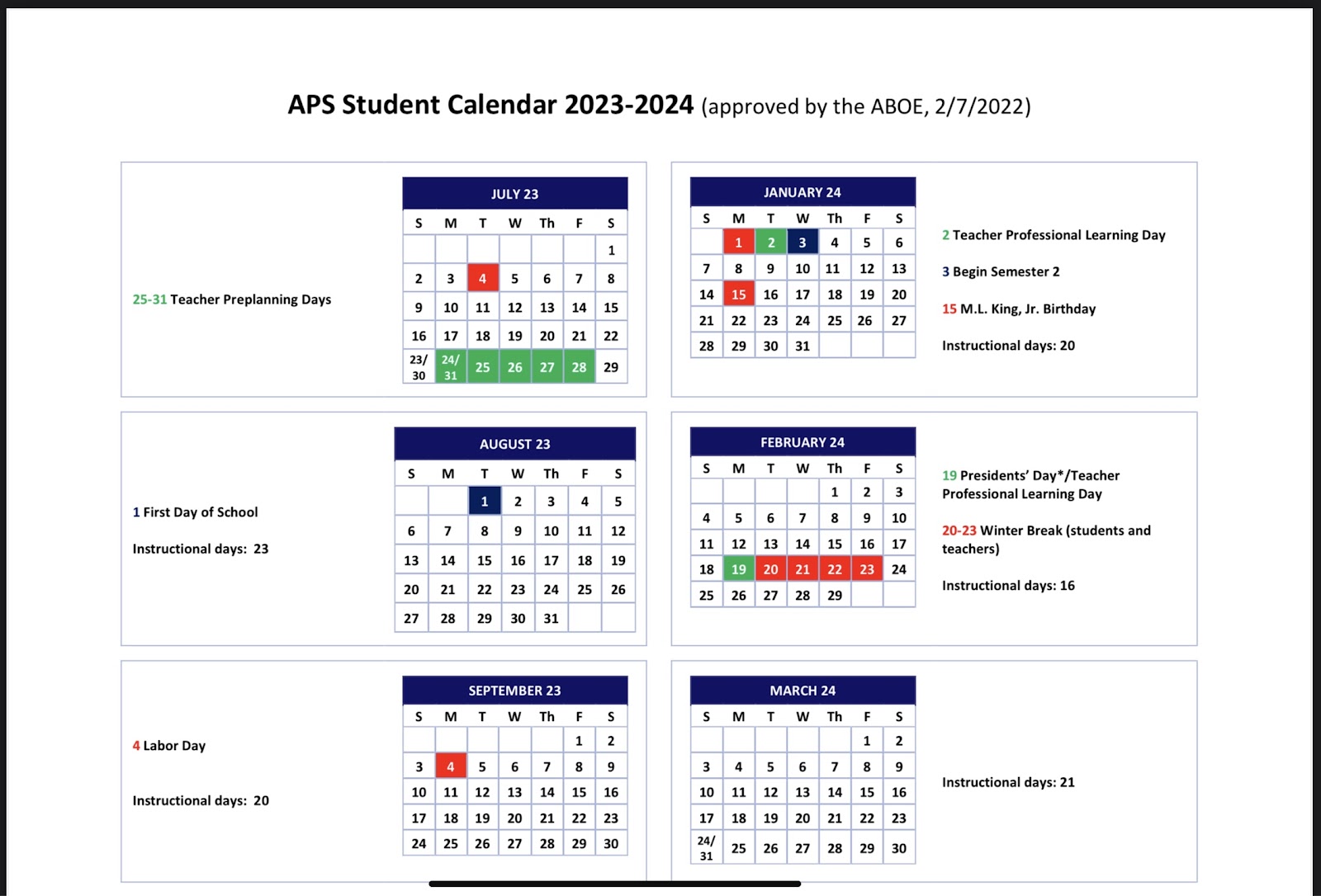 This is the Atlanta Public Schools calendar for 2023 2024 school year
