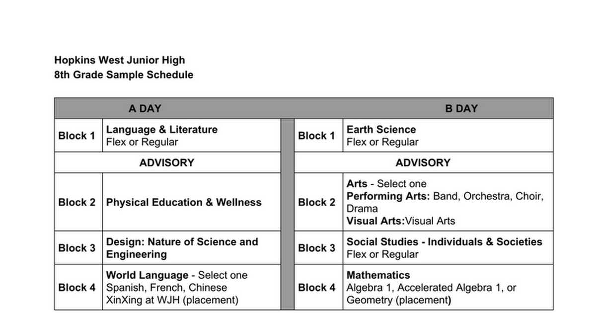 Hopkins West Junior High 8th Grade Sample Schedule Google Docs