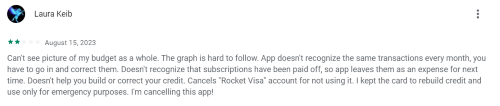 A negative Rocket Money review from a customer who claims the “app doesn’t recognize the same transactions every month.” 