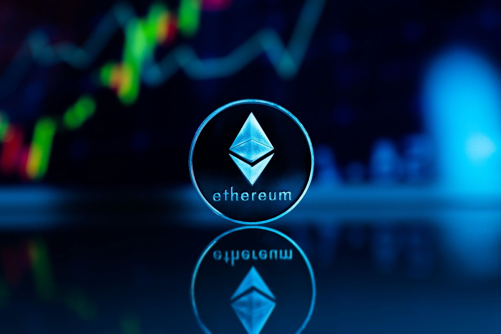 The Ethereum logo on a blue light