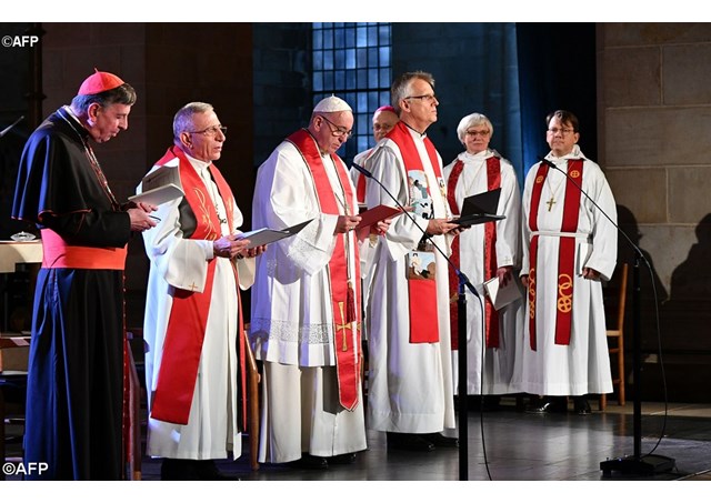 Pope Francis during the ecumenical prayer service in Lund's Lutheran Cathedral. - AFP