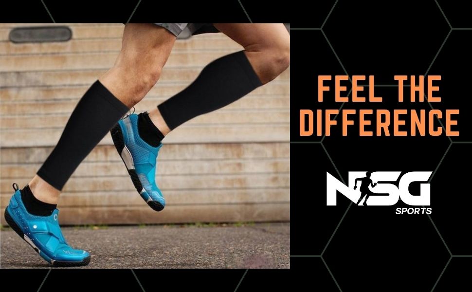 Image of man running wearing calf sleeves with "feel the difference" tagline and NSG Sports logo