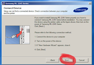 Đảm bảo máy tính với máy in đã được kết nối và bật săn sàng , Kích vào NexT để tiếp tục cài đặt driver cho máy in Samsung ML-2525