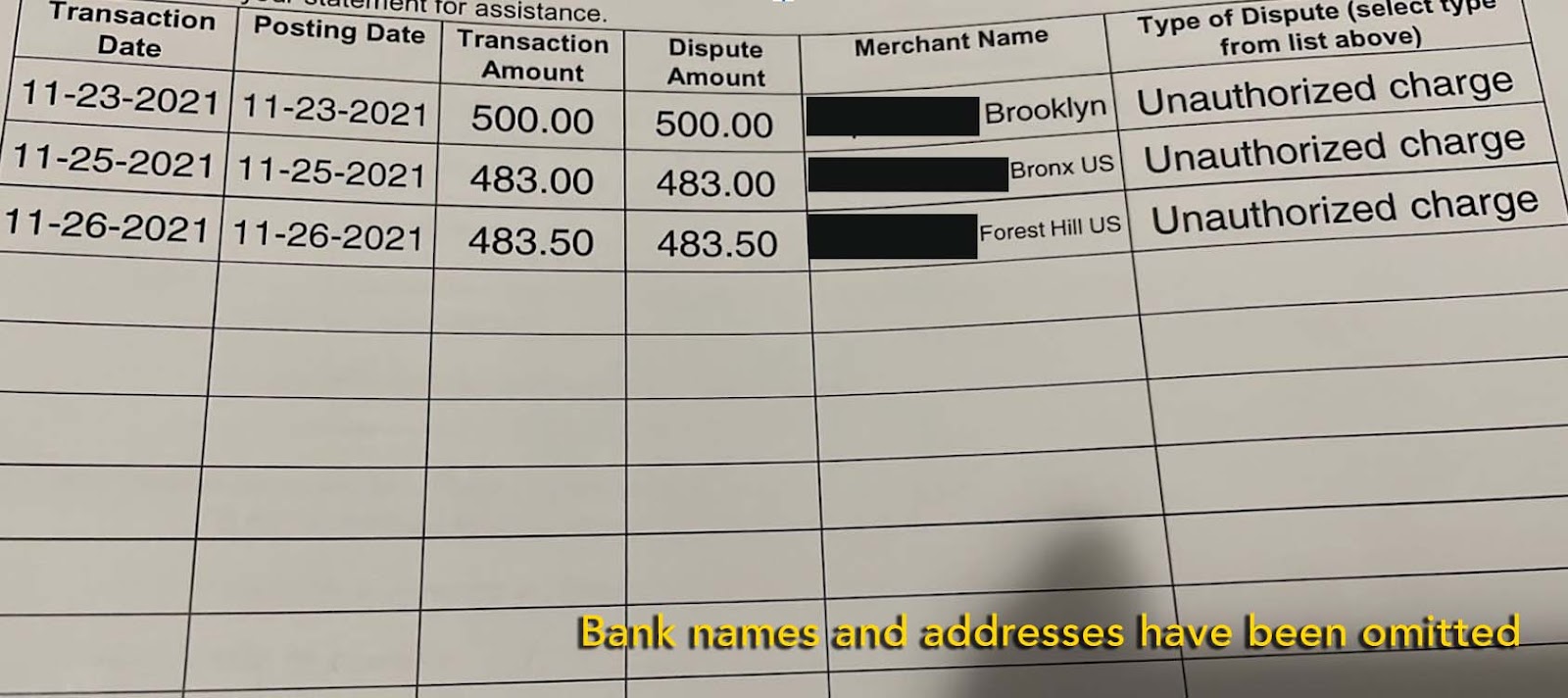 These are some of the unauthorized transactions that Diana disputed as card thefts
