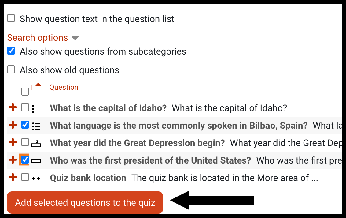 Screen showing a list of quiz questions with checkboxes to the left of each one and an arrow pointing to Add selected questions to the quiz button at the bottom