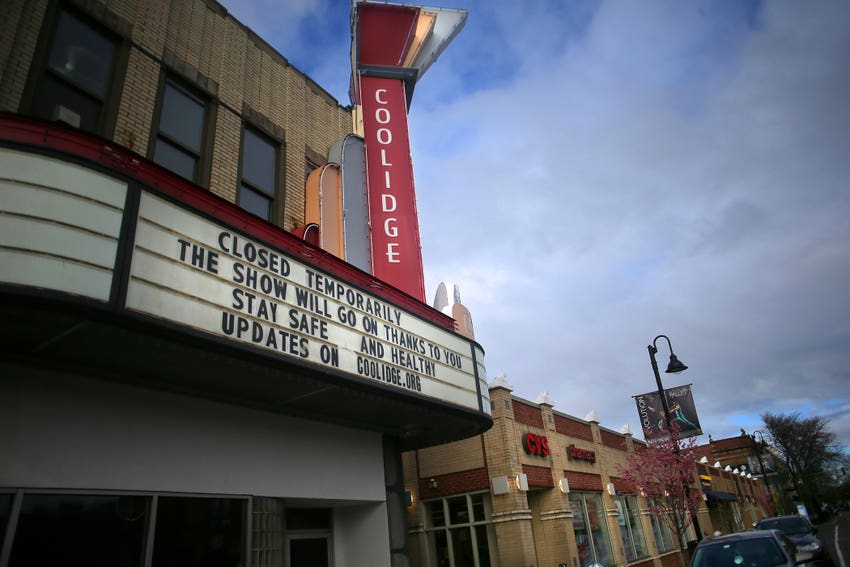 A closed movie theater in the US, COVID-19, 2020