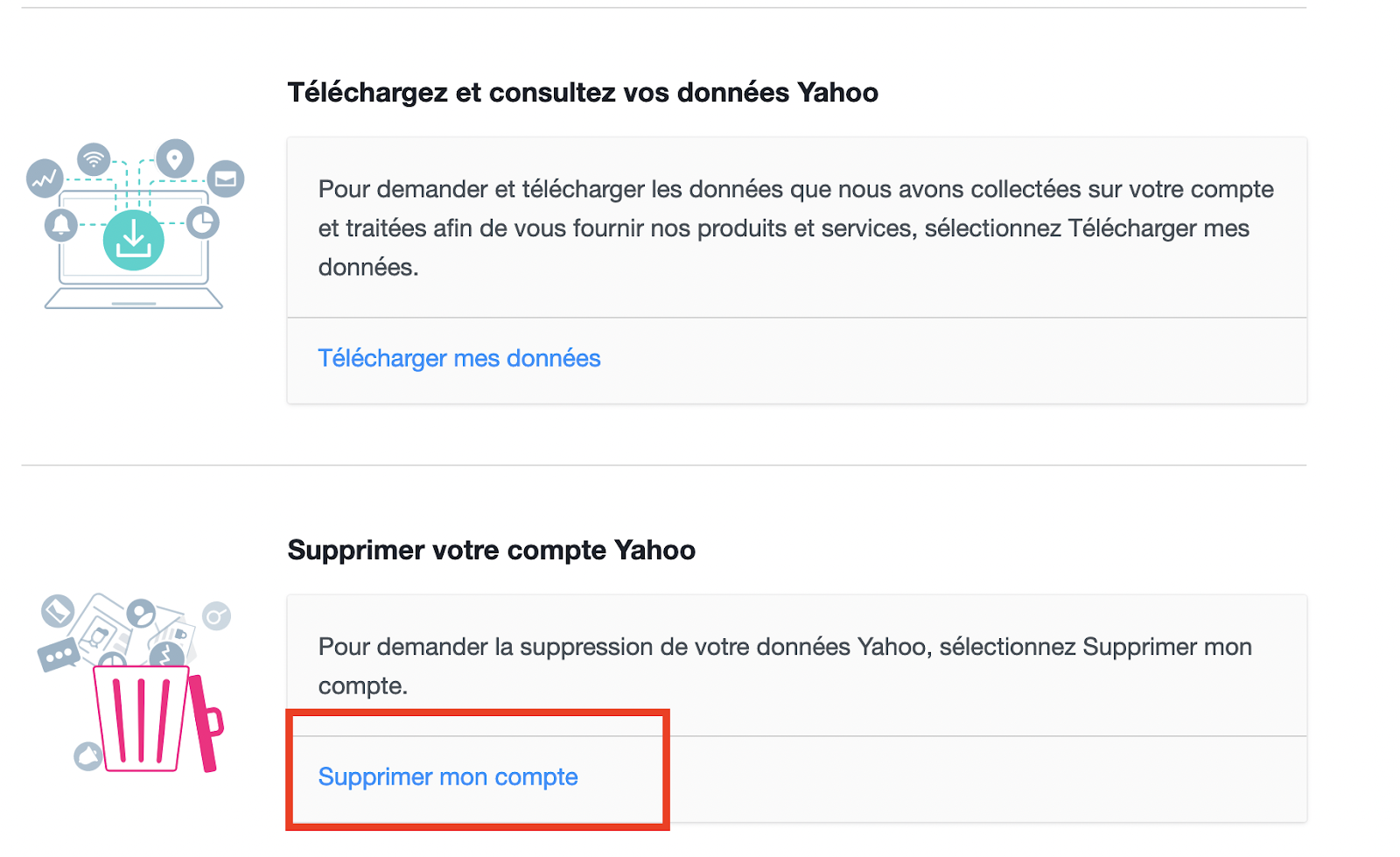 Bouton de suppression du compte Yahoo