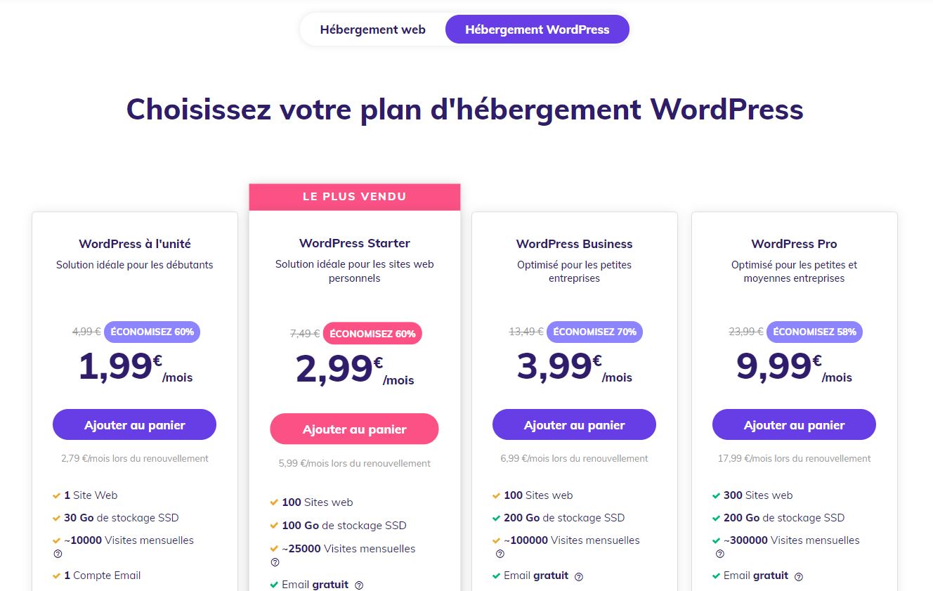 plans d'hébergements wordpress chez Hostinger