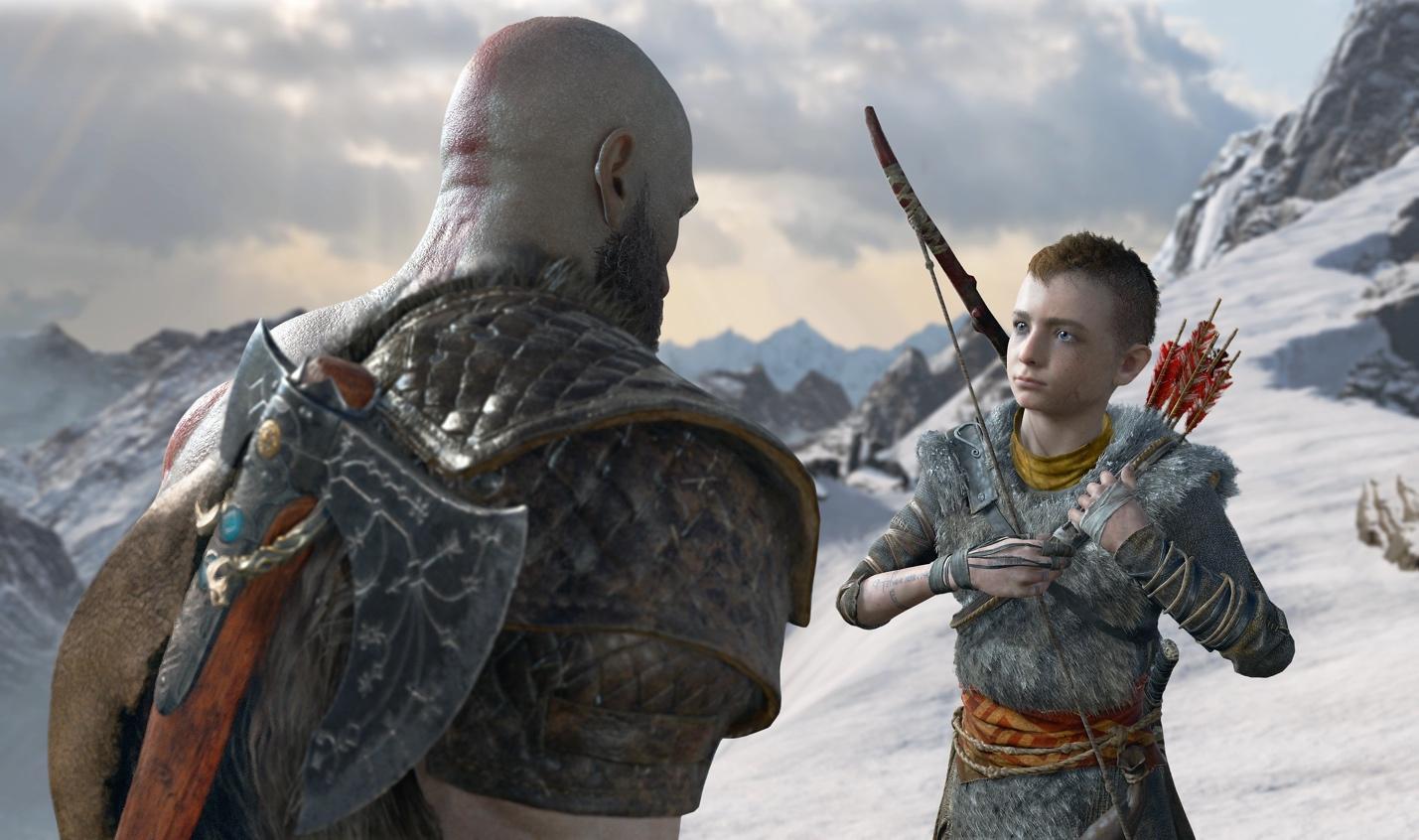 A person and child in armor standing in a snowy landscape

Description automatically generated