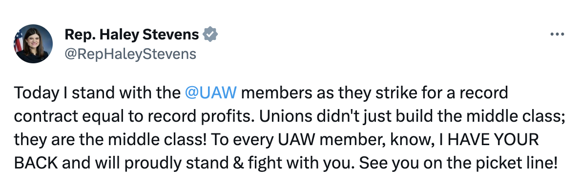 Screenshot of a tweet from Representative Haley Stevens supporting the UAW workers on strike
