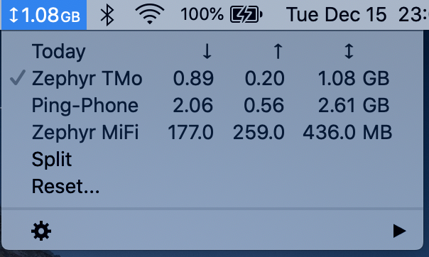 11.08GB 
Today 
•./ Zephyr TMo 
Ping-Phone 
Zephyr MiFi 
Split 
Reset... 
1 
0.89 
2.06 
177.0 
0.20 
0.56 
259.0 
Tue Dec 15 2 
1 
1.08 GB 
2.61 GB 
436.0 MB 