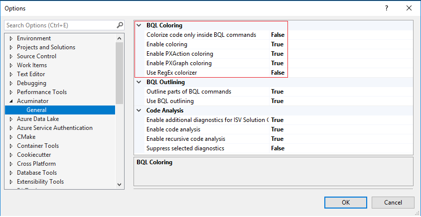 Acuminator Visual Studio Settings, coloring section selected