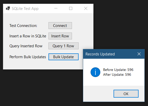 Result of Bulk Update in a batch. Equal record count from before and after update means successful.