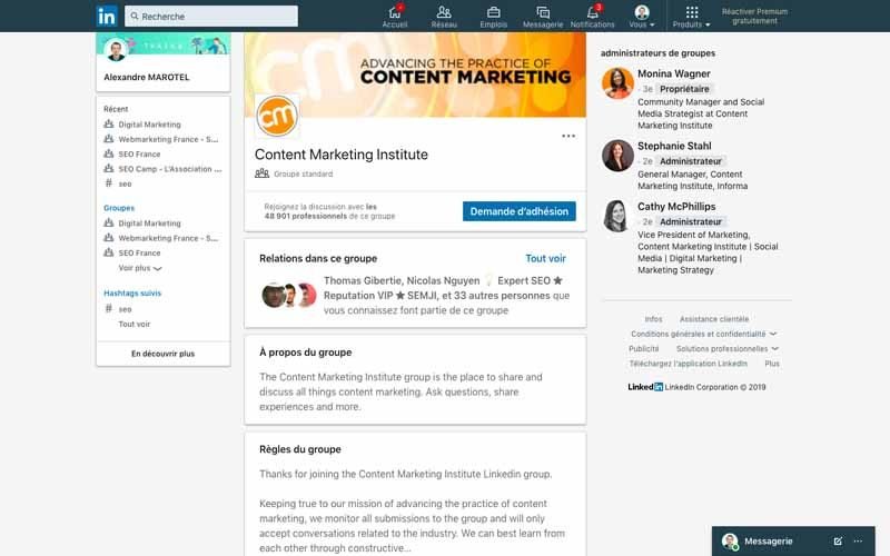 Page Linkedin Content marketing institut
