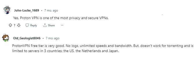 Positive reviews about Proton VPN on Reddit