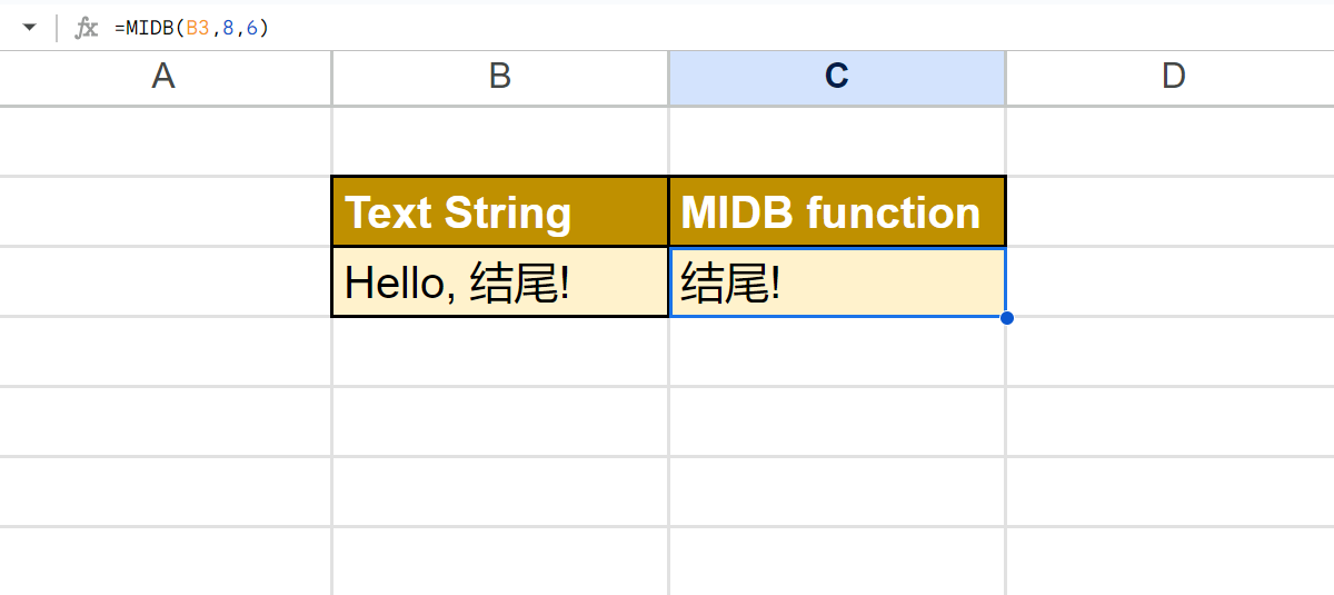 MIDB Function in Google Sheets