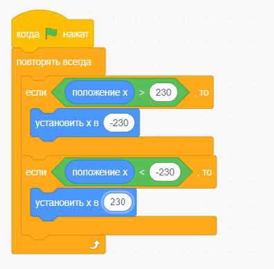 Программа для перемещения через границы экрана при создании игры Doodle Jump на Scratch