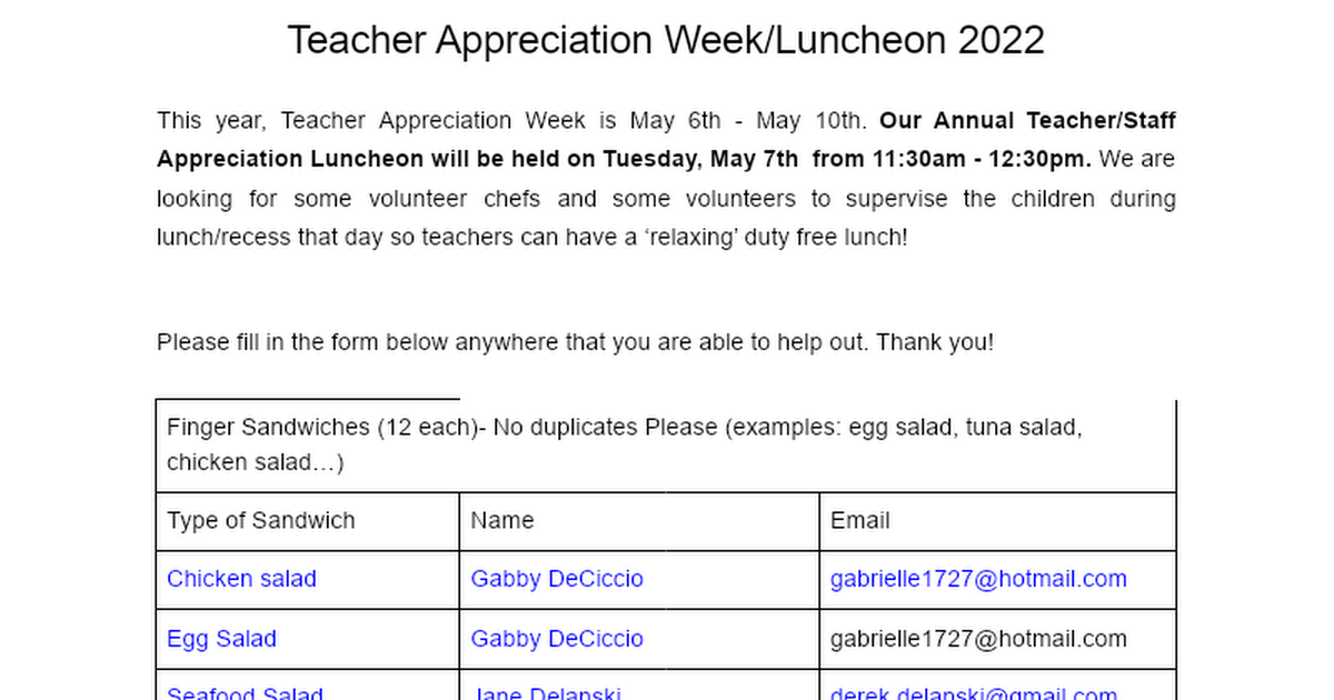 Teacher Appreciation Week/Luncheon 2019
