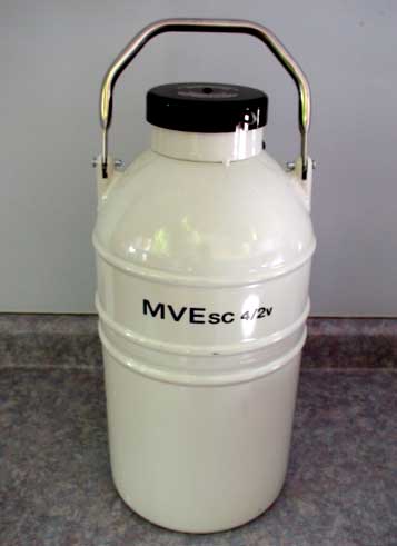 Dry shipper container commonly used for transport of frozen semen or embryos.
