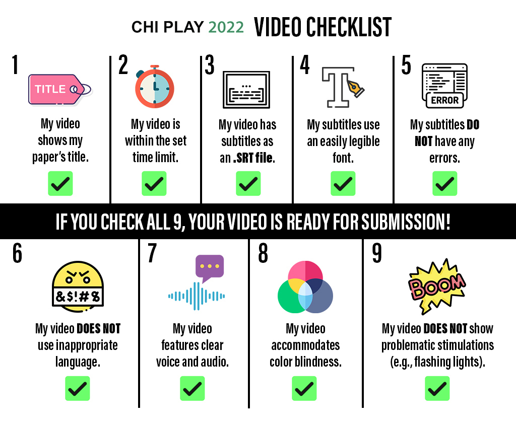 Video checklist with nine items: my video shows my paper's title, my video is within the set time limit, my video has subtitles as an .srt file, my subtitles use an easily legible font, my subtitles do not have any errors, my video does not use inappropriate language, my video features clear voice and audio, my video accomodates color blindness, my video does not show problematic stimulations such as flashing lights. Each item has a decorative symbol attached to it.