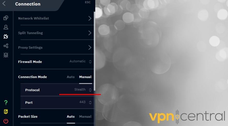 vpn select protocol connection mode settings