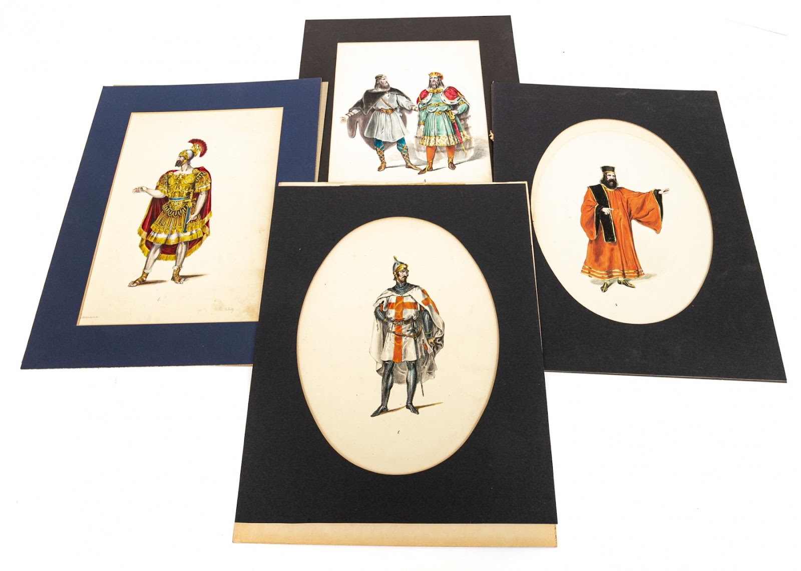 Antique Set of 4 Hand Colored Drawings Depicting Global Figures